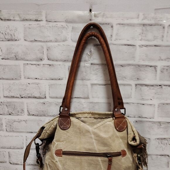 Brown and Tan Backpack with Leather Straps and Distressed Design - Picture 4 of 6